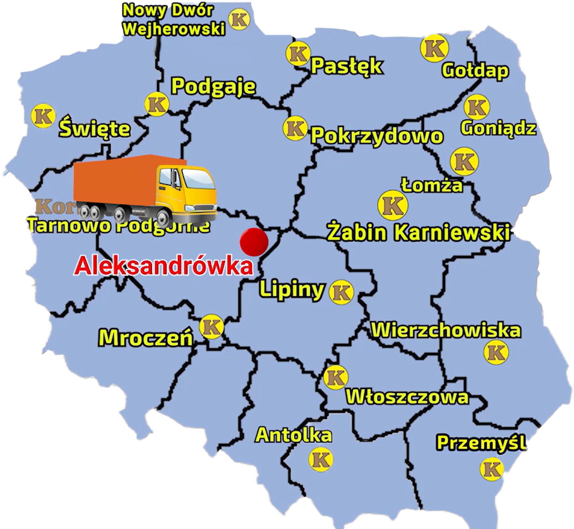 Mapa zawierająca punkty sprzedaży sieci Korbanek i miesjcowość, gdzie został dostarczony pług
